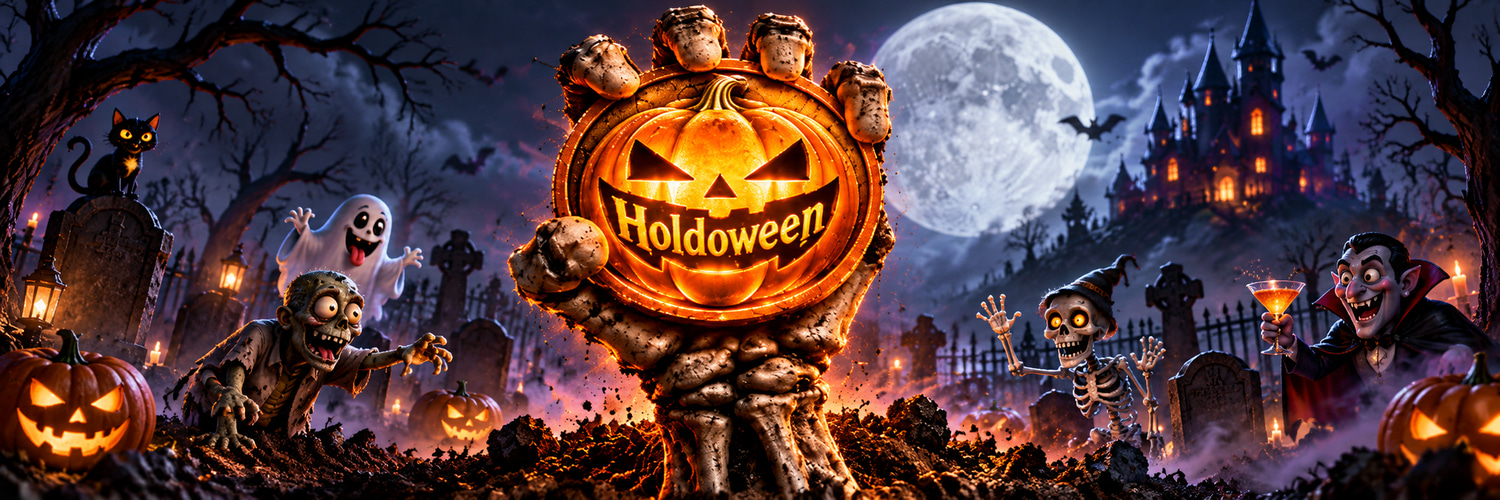 The Holdoween crew gathers in a moonlit graveyard around a glowing pumpkin coin.